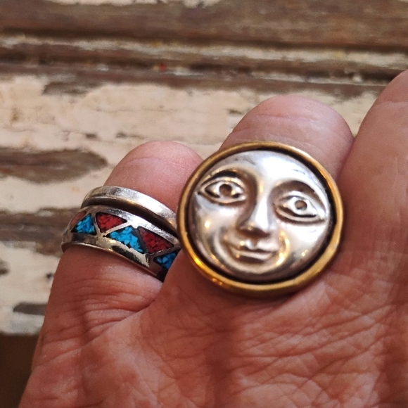 Vintage Rare designer Moon Face Ring signed Louis L Booth Sterling & Brass Sz 8